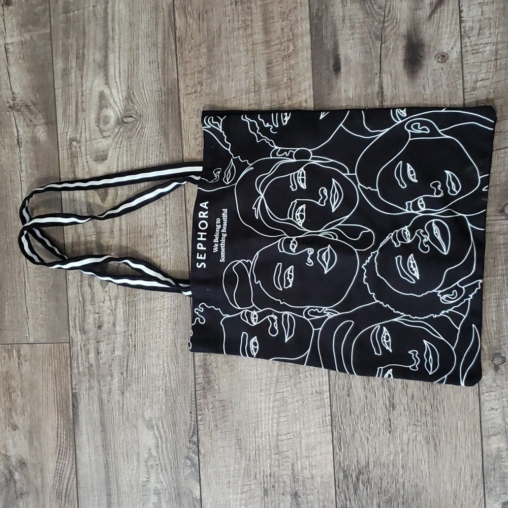 Sephora Large Canvas Tote Bag Black and White outlines of faces